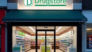 Construção de farmácias e drugstores: imagem de fachada de drogaria moderna